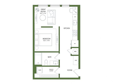 Floor plan for 1 bed, 1 bath, 576 sqft